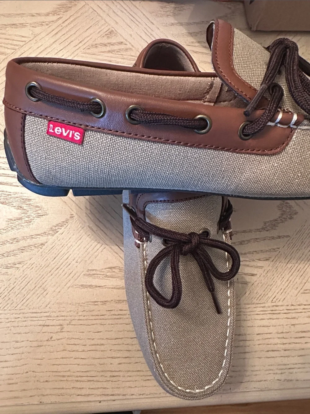 Levi's Men's Tan Canvas with Brown Leather-Trim Boat Shoes
